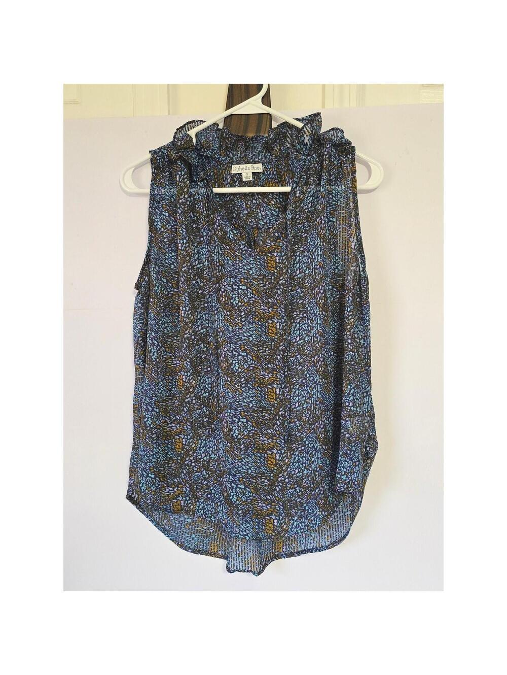 Ophelia Roe Sleeveless Ruffle Neck Blouse Blue Abstract Print Women's Size S
